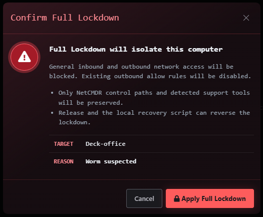 NetCMDR Full Lockdown confirmation preserving control paths while isolating a computer