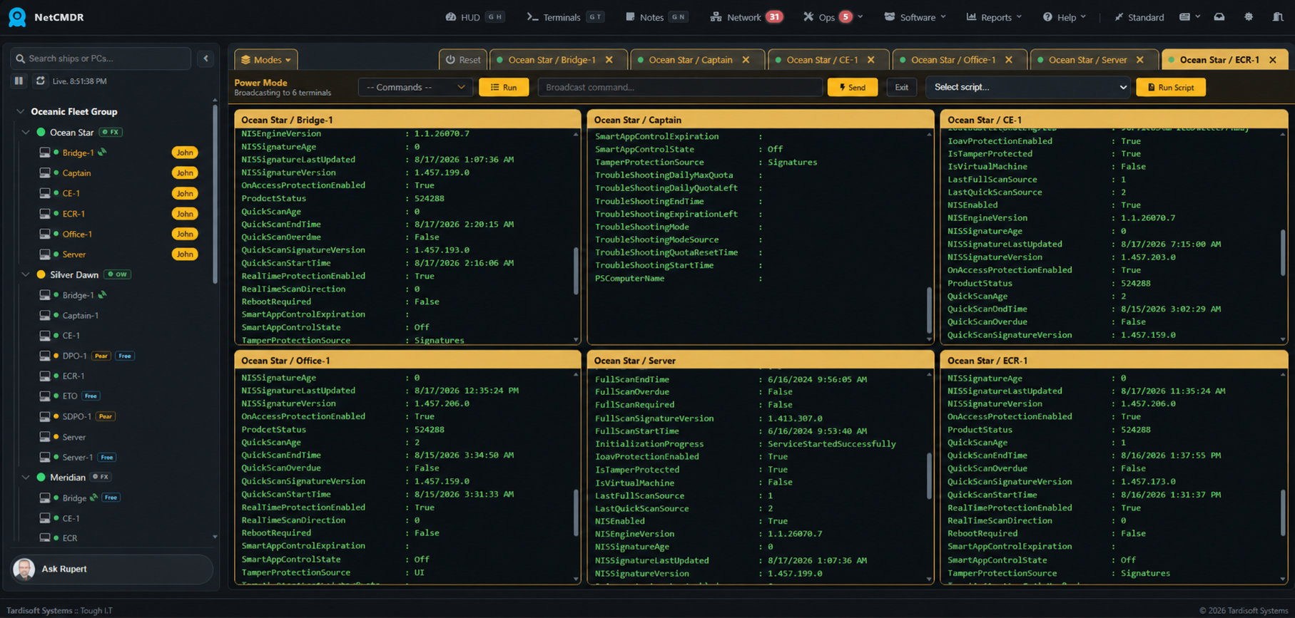 NetCMDR Power Mode showing six vessel computers being operated in parallel