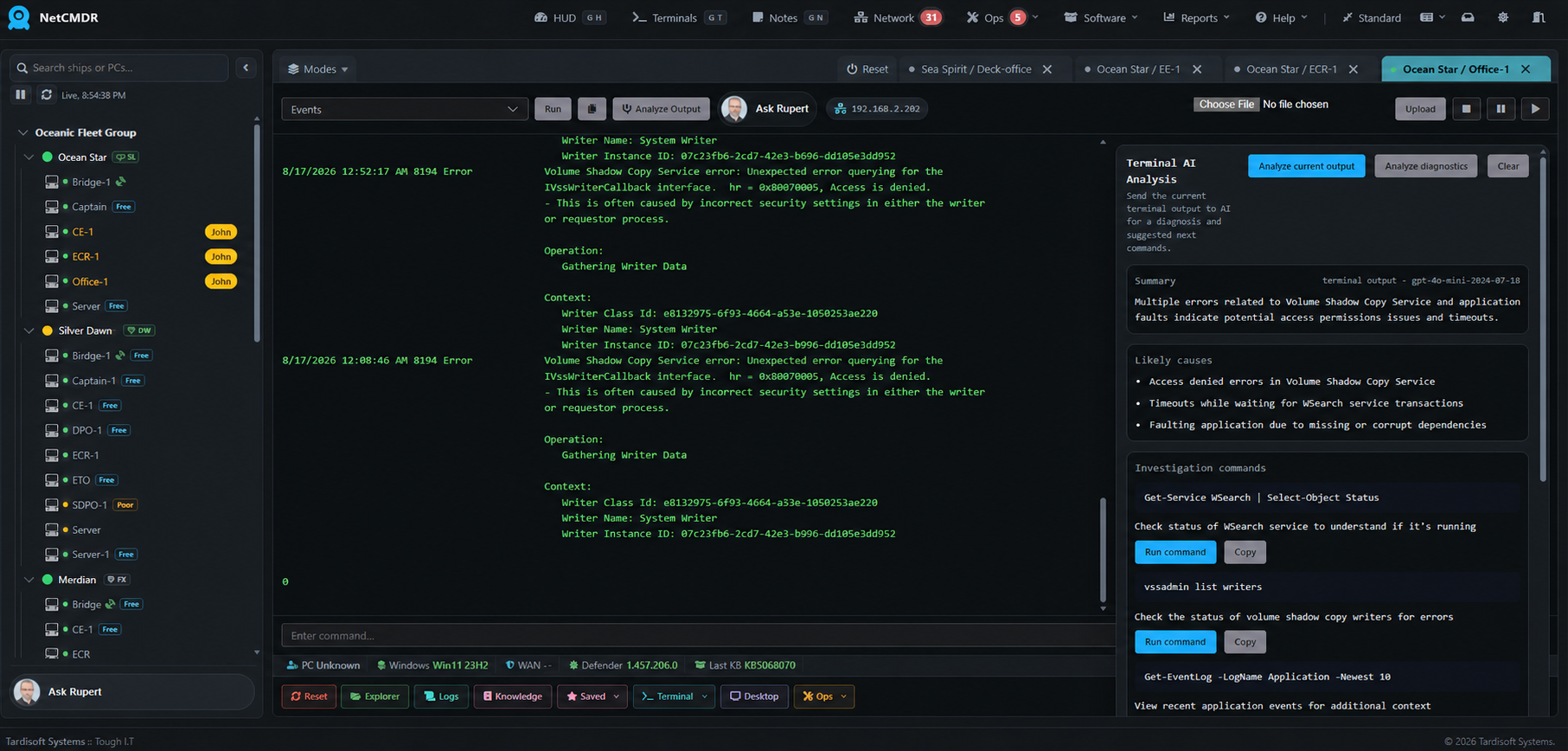 NetCMDR Terminal AI analyzing errors and suggesting investigation commands
